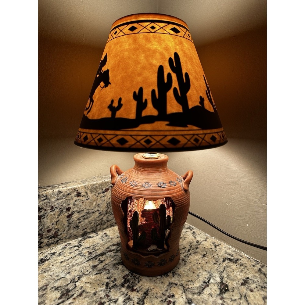 Vintage Western Country Cowboy Cactus Terracotta Ceramic Table Lamp Boho Rustic